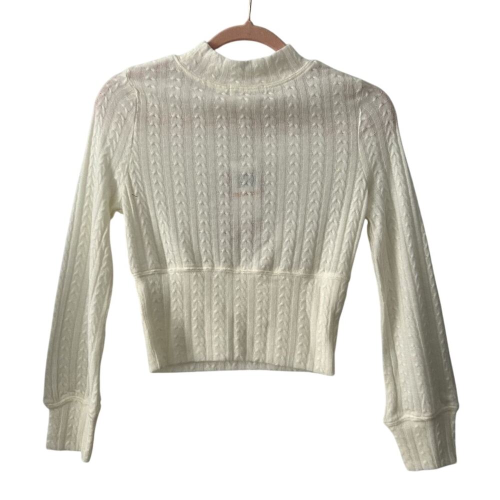 NWT B.O G. Cropped Crew Neck Balloon Sleeves Cable Stitch Ivory Sweater-Small - Picture 3 of 10
